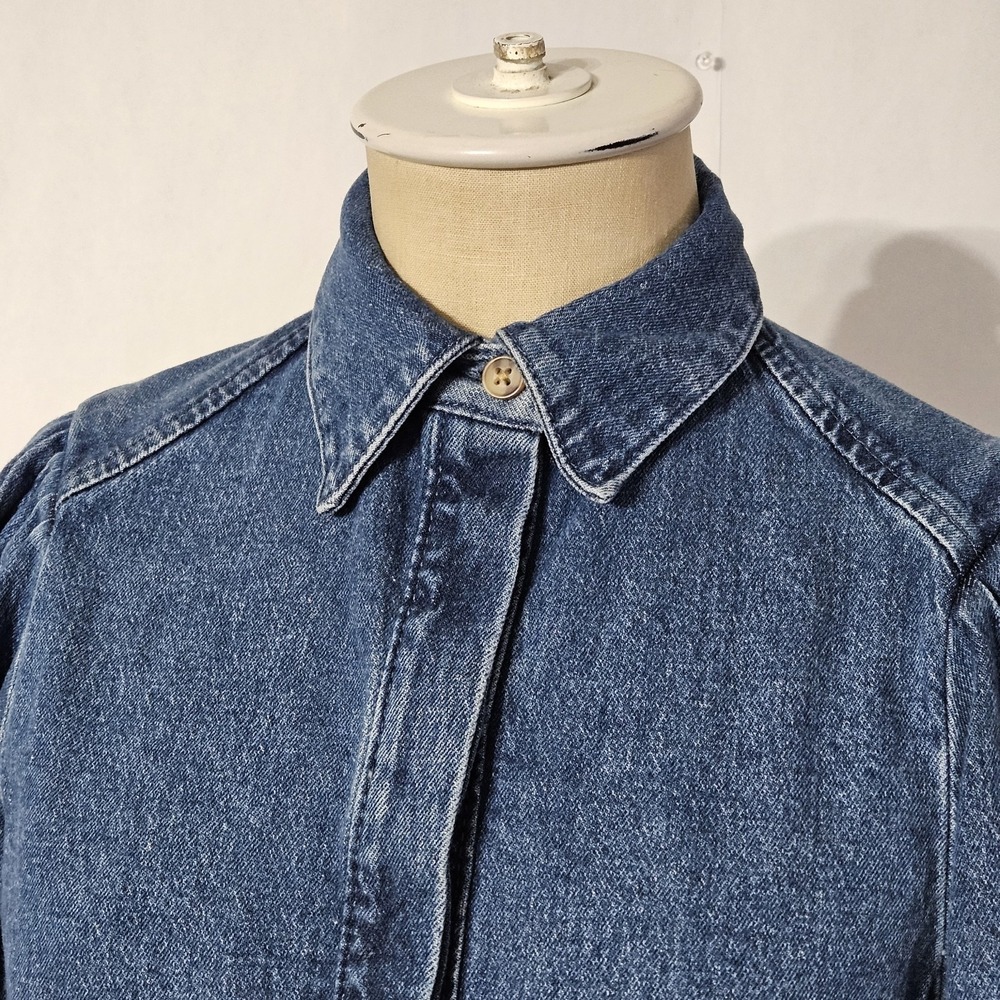 Scoop Women's Blue Denim Collared Button-Up Puff 3/4 Sleeve Blouse Sz XS (0-2) - Picture 3 of 9